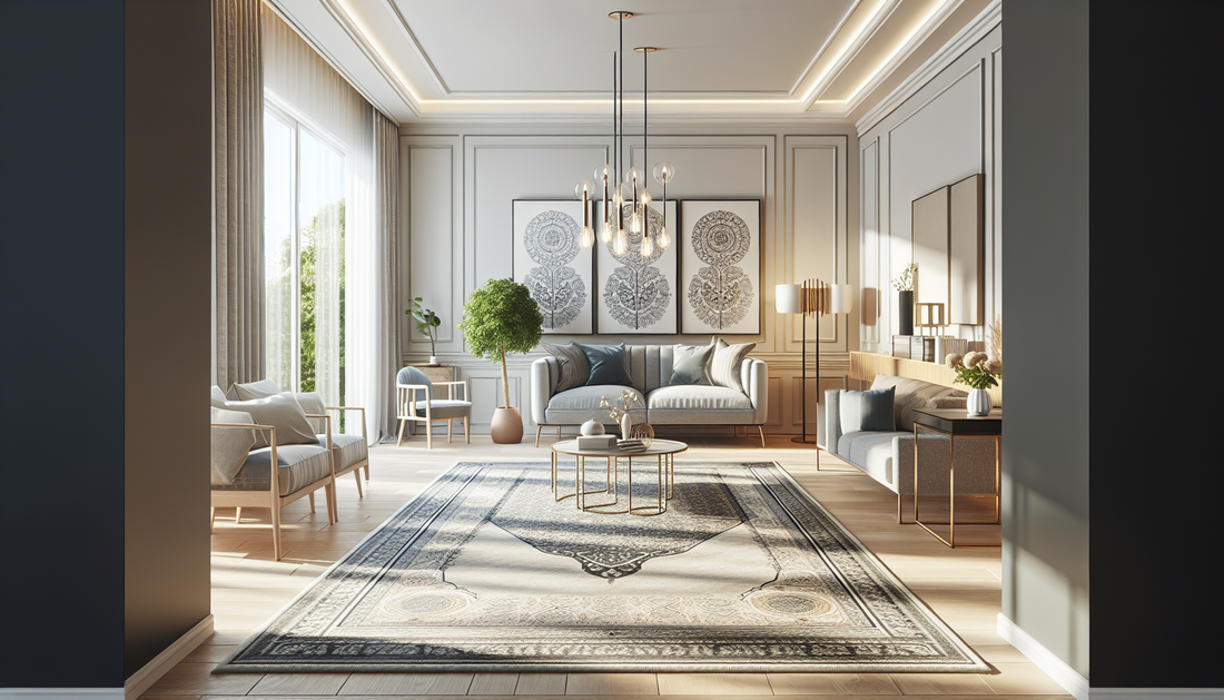 Modern eingerichtetes Wohnzimmer mit einem eleganten Teppich im Mittelpunkt