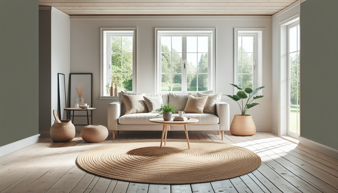 Gemütliches Wohnzimmer mit einem natürlichen Jute-Teppich im Mittelpunkt