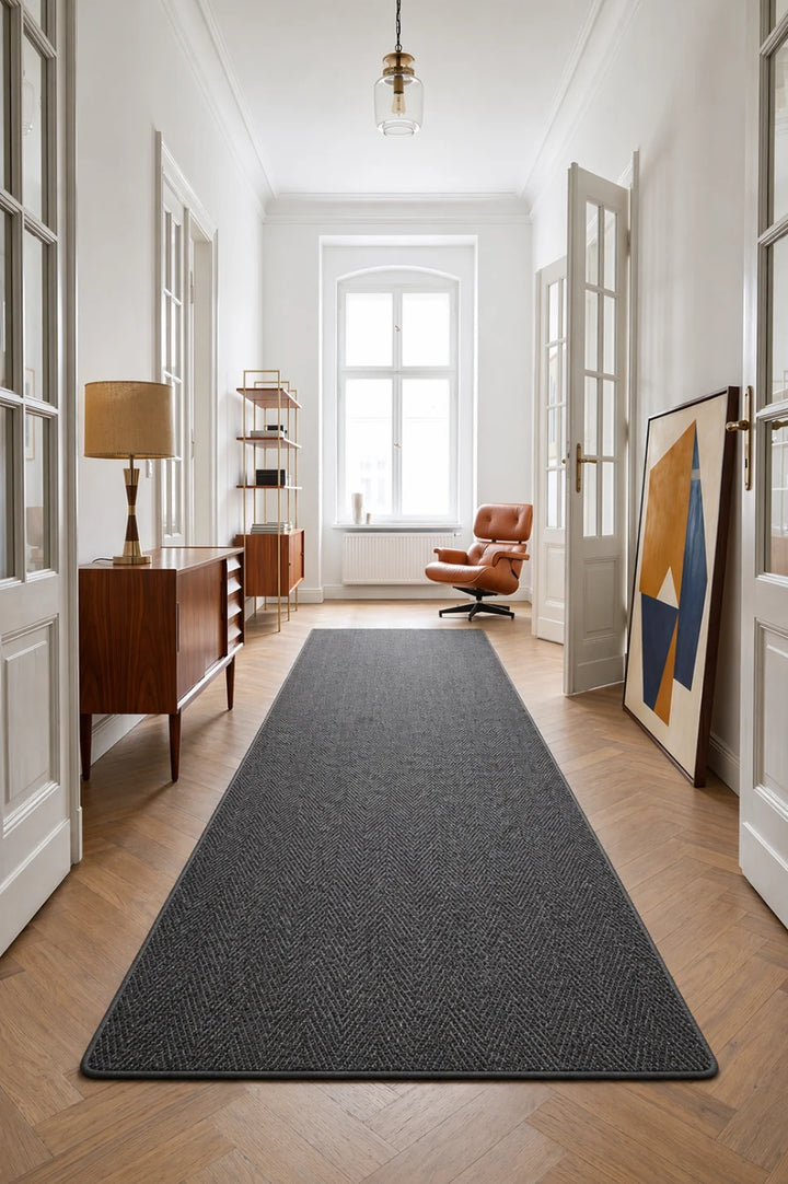 Sisal Läufer nach Maß Fischgrät Grau meliert – gekettelt, 100% Sisal | carpetz.de
