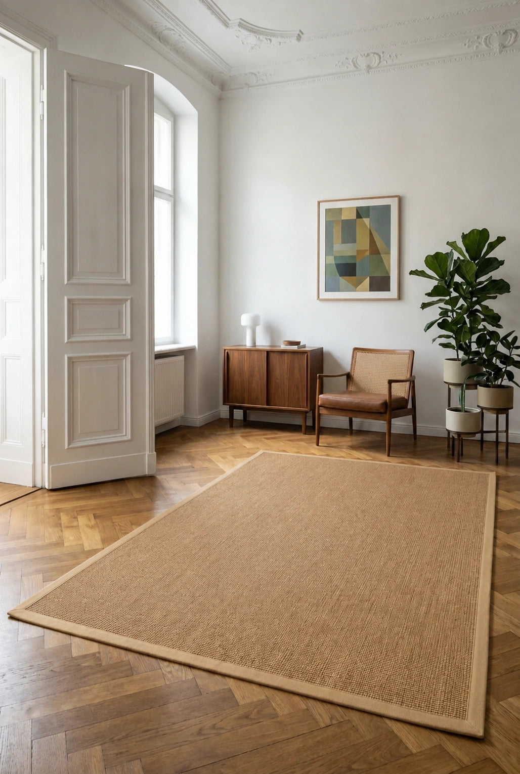 Tapis en sisal sur mesure – Purstoff beige cajou, dos en feutre 100 % naturel